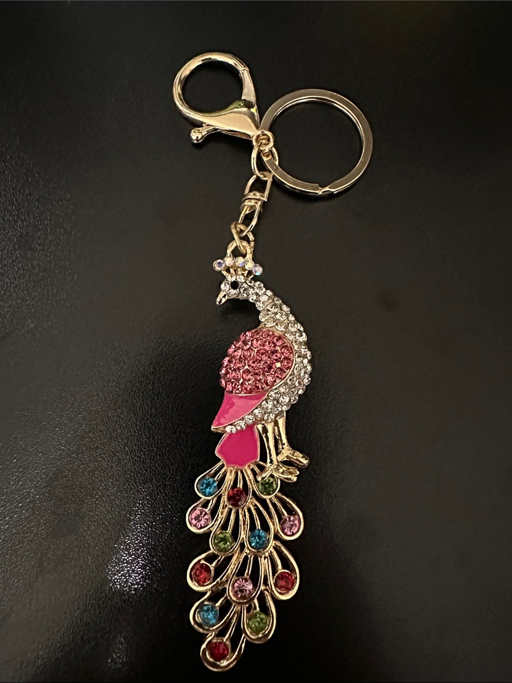 Rhinestone Peacock Keychain - Pink and Gold